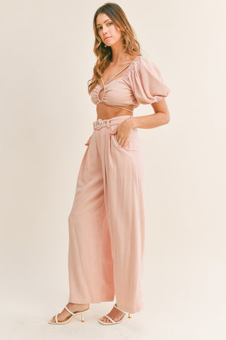 Dusty Pink Cut Out Crop Top and Belted Pants Set (Online Only)