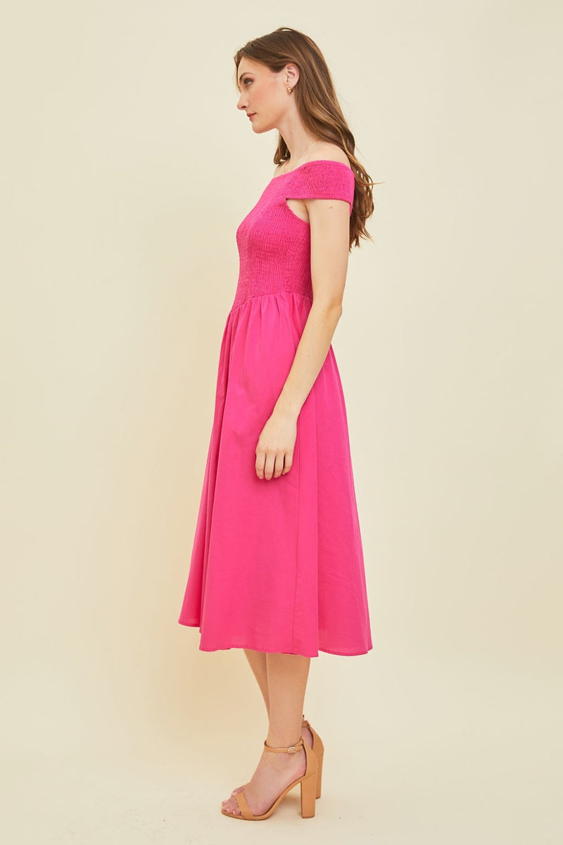 smocked off the shoulder midi dress Off-Shoulder Smocked Midi Dress (Online Only) – Seven x Seven