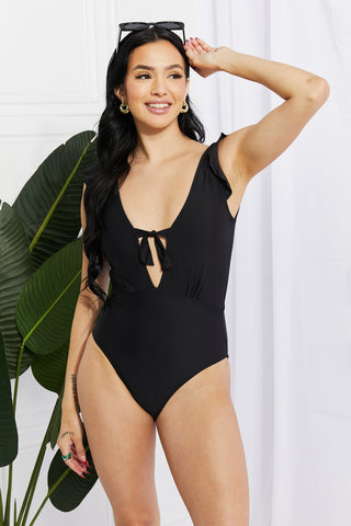 Seashell Ruffle Sleeve One-Piece in Black (Online Only)