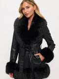 CARMELA FAUX LEATHER FUR TRIM COAT - BLACK