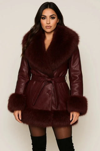 CARMELA FAUX LEATHER FUR TRIM COAT - WINE