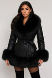 CARMELA FAUX LEATHER FUR TRIM COAT - BLACK