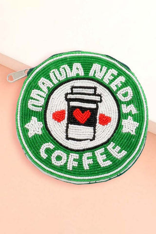 'MAMA NEEDS COFFEE' BEADED MINI POUCH BAG