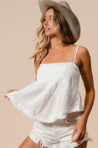 White Fringed Hem Smocked Cami (Online Only)