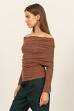 Brown Fuzzy Off Shoulder Textured Top (Online Only)