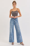 EMBOSSED FLORAL WIDE LEG JEANS