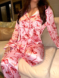 BOW PRINTED SILKY PAJAMA SET - PINK