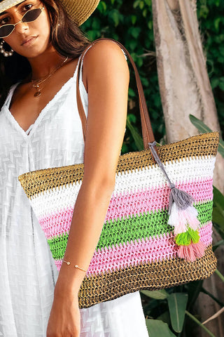 COLOR BLOCK STRAW TOTE BAG