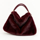 PLUSH FAUX FUR BRAIDED HANDLE HOBO BAG - BURGUNDY