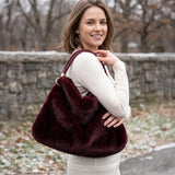 PLUSH FAUX FUR BRAIDED HANDLE HOBO BAG - BURGUNDY