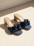 RUFFLE LINEN BLOCK HEEL SANDALS