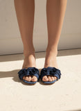 RUFFLE LINEN BLOCK HEEL SANDALS