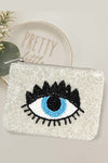 SILVER EVIL EYE BEADED MINI POUCH