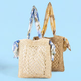 FLORAL SCARF WOVEN TOTE - TAN