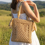 FLORAL SCARF WOVEN TOTE - TAN