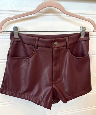 BURGUNDY FAUX LEATHER SHORTS