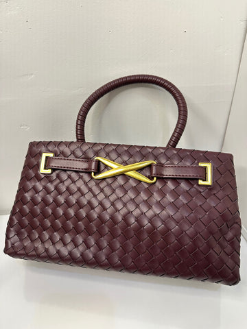 WOVEN FAUX LEATER TOP HANDLE BAG