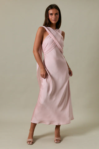blush satin midi dress Women's Enchanting Elegance Floral Satin Midi Dress in Blush