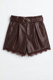 LA BELLE LACE TRIM LEATHER SHORTS - BROWN