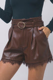 LA BELLE LACE TRIM LEATHER SHORTS - BROWN