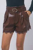 LA BELLE LACE TRIM LEATHER SHORTS - BROWN
