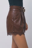 LA BELLE LACE TRIM LEATHER SHORTS - BROWN