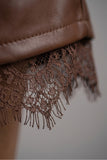 LA BELLE LACE TRIM LEATHER SHORTS - BROWN