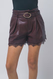 LA BELLE LACE TRIM LEATHER SHORTS - WINE