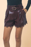 LA BELLE LACE TRIM LEATHER SHORTS - WINE