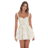 WHITE CORSET FLORAL FIT AND FLARE MINI DRESS
