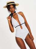POLKA DOT RUCHED HALTER BACKLESS SWIMSUIT
