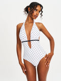 POLKA DOT RUCHED HALTER BACKLESS SWIMSUIT