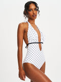 POLKA DOT RUCHED HALTER BACKLESS SWIMSUIT