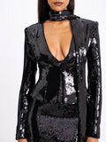 TAMIRA BLACK SEQUIN DEEP V TOP WITH SCARF