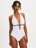 POLKA DOT RUCHED HALTER BACKLESS SWIMSUIT