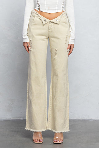 JAZZ FOLDED WAIST DISTRESSED PANTS