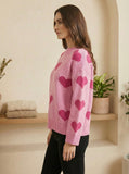 PINK HEART PATTERN KNIT SWEATER