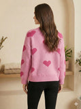PINK HEART PATTERN KNIT SWEATER