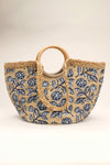 BLUE FLORAL WOODEN HANDLE TOTE BAG