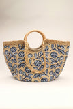 BLUE FLORAL WOODEN HANDLE TOTE BAG