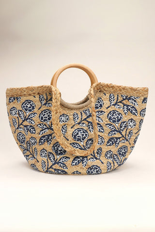 BLUE FLORAL WOODEN HANDLE TOTE BAG