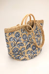 BLUE FLORAL WOODEN HANDLE TOTE BAG