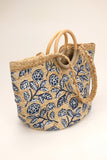 BLUE FLORAL WOODEN HANDLE TOTE BAG