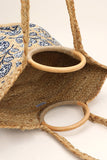 BLUE FLORAL WOODEN HANDLE TOTE BAG