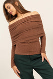 Brown Fuzzy Off Shoulder Textured Top (Online Only)