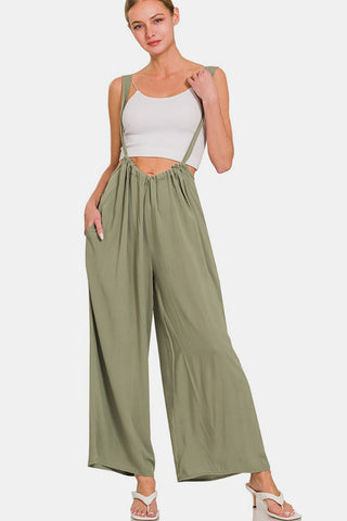 Olive Pocketed Wide Leg Overalls (Online Only)