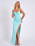 GEENA TIFFANY BLUE SLIT GOWN