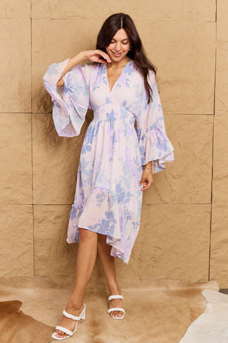 Take Me With You Floral Bell Sleeve Midi Dress in Blue (Online Only)