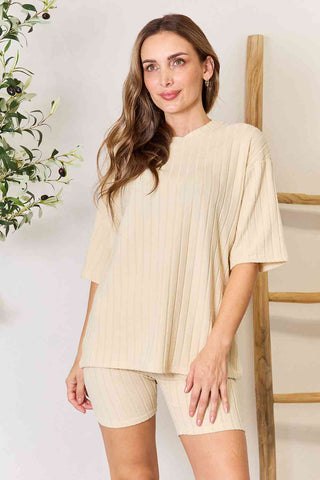 Ribbed Round Neck Top and Shorts Lounge Set (Online Only)