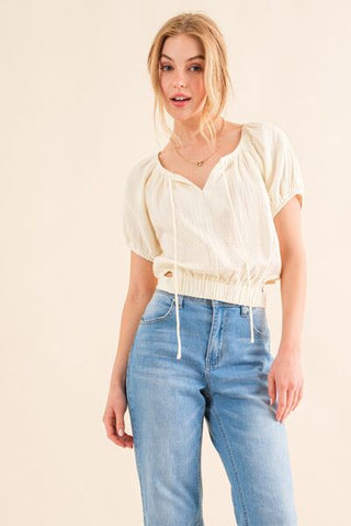 \Cotton Gauze Back Waist Tie Cropped Blouse (Online Only)